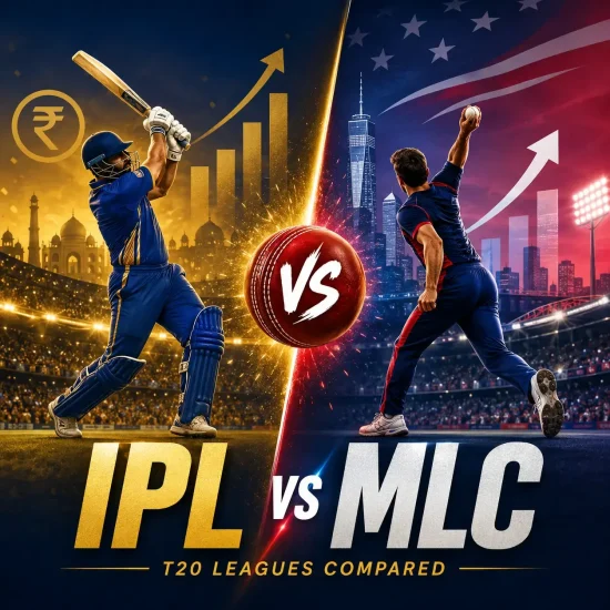 IPL vs MLC comparison infographic highlighting the differences between the Indian Premier League and Major League Cricket 2026, covering tournament format, salary cap, player rules, global viewership, financial strength, and overall league growth.