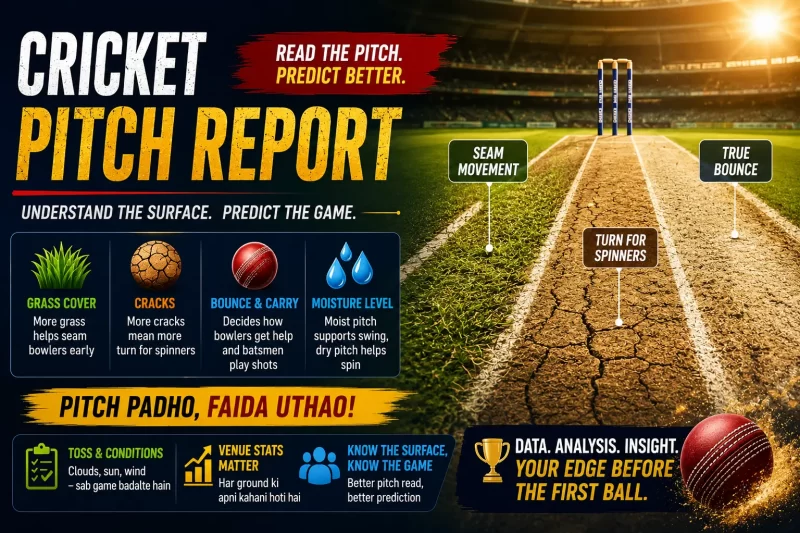Cricket pitch report guide jisme grass cover, cracks, bounce, moisture, seam movement aur spin turn dikhaya gaya hai, jo match prediction aur toss decision ko impact karte hain.