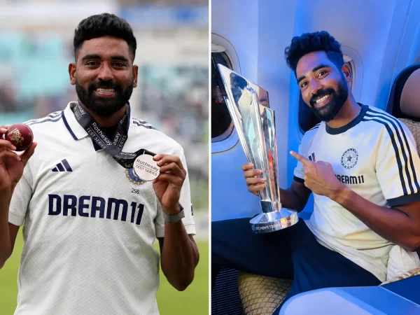 Indian fast bowler displaying a Test series medal and posing with a T20 World Cup trophy in two career-celebration photographs.