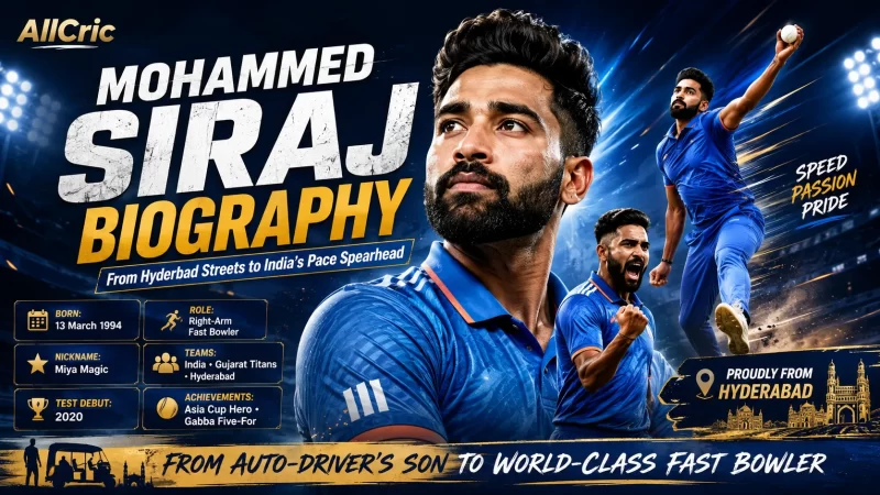 Mohammed Siraj biography graphic featuring the Indian fast bowler, highlighting his Hyderabad roots, Miya Magic nickname, Gujarat Titans career, Test debut and major bowling achievements.