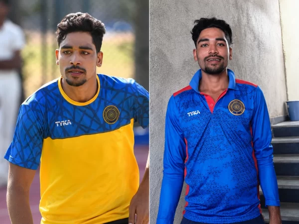 Young Indian fast bowler pictured in Hyderabad domestic cricket training and team apparel in a side-by-side portrait.