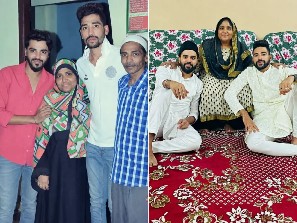 Family photo collage showing the featured Indian cricketer posing with close relatives at home during different stages of his career.