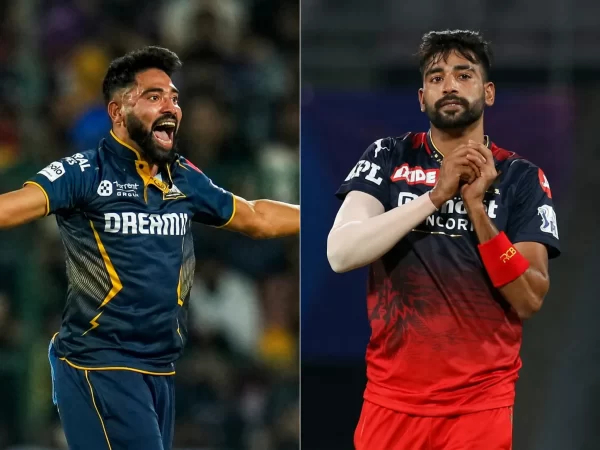IPL fast bowler shown celebrating in Gujarat Titans colours alongside an earlier image in a Royal Challengers Bengaluru jersey.