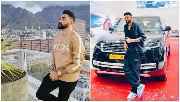 Indian fast bowler in a lifestyle collage, posing on a city rooftop and beside a black Range Rover SUV.