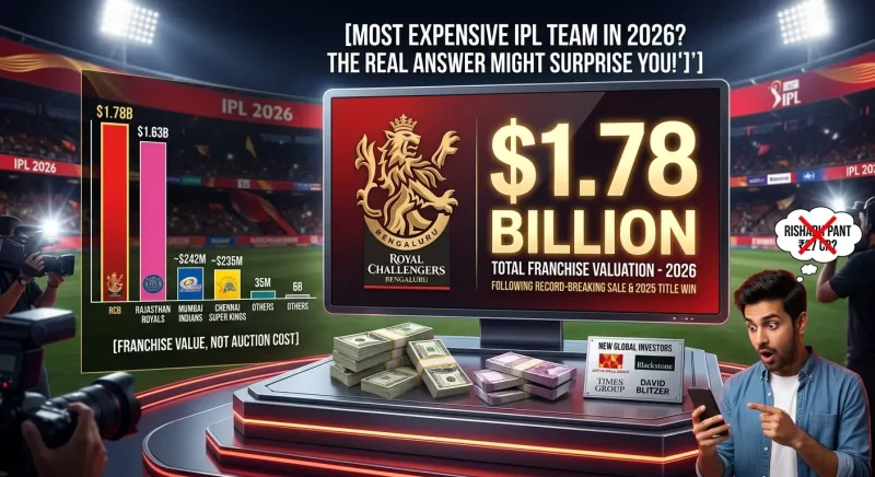 An infographic set against an IPL stadium backdrop showing Royal Challengers Bengaluru as the most expensive IPL team in 2026. A large screen displays the RCB lion crest alongside their $1.78 billion total franchise valuation, noted as following a record-breaking sale and their 2025 title win. A bar chart on the left compares franchise valuations: RCB at $1.78B, Rajasthan Royals at $1.63B, Mumbai Indians at approximately $242M, and Chennai Super Kings at approximately $235M, with a label clarifying these represent franchise value, not auction cost. New global investors — Aditya Birla Group, Blackstone, Times Group, and David Blitzer — are listed on a placard beside stacks of currency. A surprised man on the right reacts while holding a phone, with a thought bubble crossing out Rishabh Pant's ₹27 crore auction price to illustrate the distinction between player cost and franchise valuation.