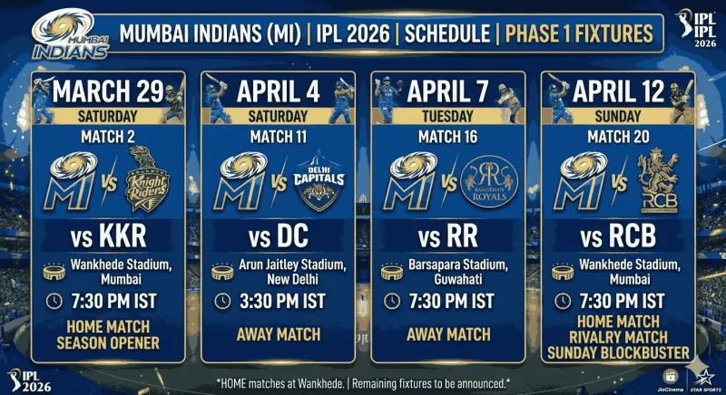 Mumbai Indians IPL 2026 Phase 1 schedule graphic showing four confirmed fixtures: Match 2 vs KKR on March 29 (Wankhede, 7:30 PM IST — Home/Season Opener), Match 11 vs Delhi Capitals on April 4 (Arun Jaitley Stadium, 3:30 PM IST — Away), Match 16 vs Rajasthan Royals on April 7 (Barsapara Stadium Guwahati, 7:30 PM IST — Away), and Match 20 vs RCB on April 12 (Wankhede, 7:30 PM IST — Home/Rivalry Match/Sunday Blockbuster).