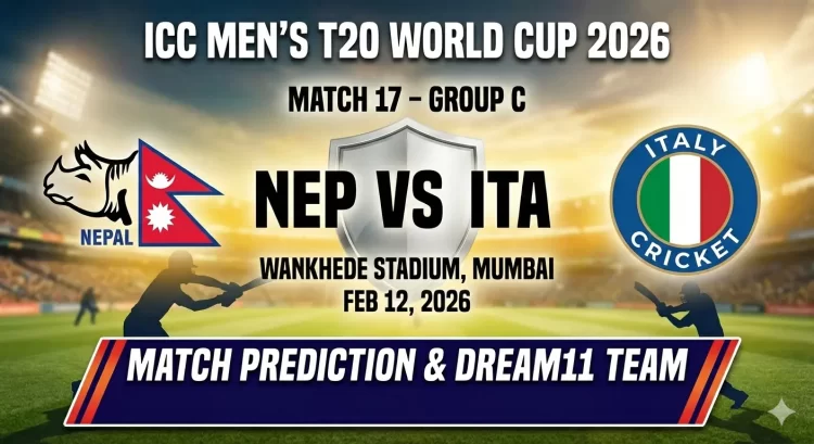 Nepal vs Italy ICC Men's T20 World Cup 2026 Group C Match 17 prediction graphic featuring team logos and cricket stadium background, match details for February 12th 2026 at 3:00 PM IST at Wankhede Stadium Mumbai, with Dream11 team analysis and today's match prediction