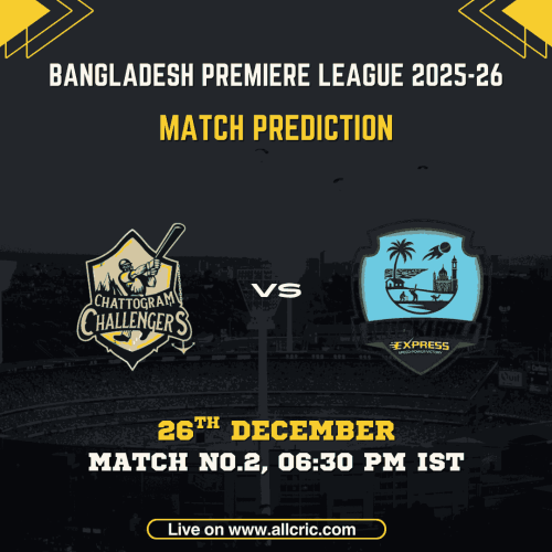 NES vs CRS today match prediction for BPL Match 2 2025-26 showing Chattogram Royals vs Noakhali Express match preview, date 26 December, time 6:30 PM IST at Sylhet International Cricket Stadium.