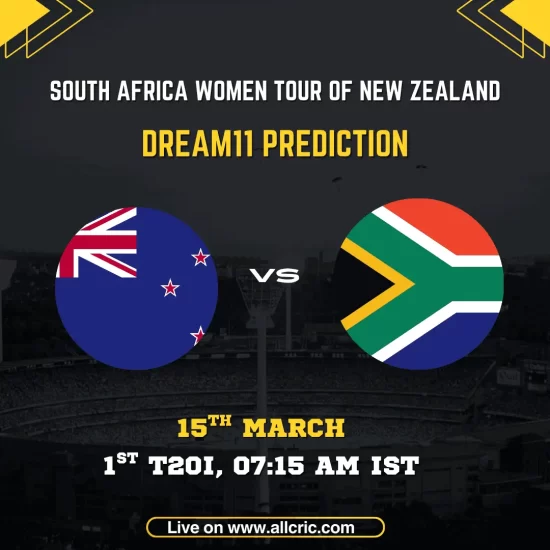 New Zealand Women vs South Africa Women 1st T20I Dream11 prediction graphic featuring national flags, match details for March 15th 2026 at 7:15 AM IST at Bay Oval Mount Maunganui, with Dream11 team suggestions and fantasy cricket tips for South Africa Women tour of New Zealand 2026