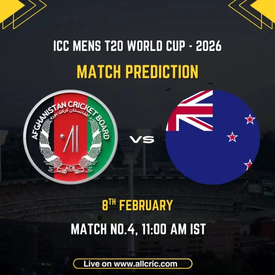 Afghanistan vs New Zealand ICC Men's T20 World Cup 2026 Group D Match 4 prediction graphic featuring team logos, match details for February 8th 2026 at 11:00 AM IST at M.A. Chidambaram Stadium Chennai, with Dream11 team analysis and today's match prediction