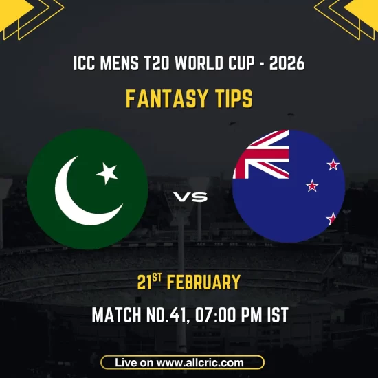 Pakistan vs New Zealand ICC Men's T20 World Cup 2026 Super 8 Group 2 Match 41 fantasy tips graphic featuring national flags, match details for February 21st 2026 at 7:00 PM IST at R. Premadasa Stadium Colombo, with Dream11 team suggestions and fantasy cricket tips