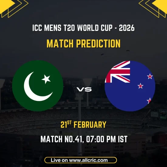 NZ vs PAK today match prediction graphic for ICC Men’s T20 World Cup 2026 Super 8 clash on 21 February, featuring Pakistan and New Zealand flags with match details.