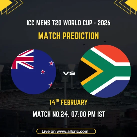 New Zealand vs South Africa ICC Men's T20 World Cup 2026 Group D Match 24 prediction graphic featuring national flags, match details for February 14th 2026 at 7:00 PM IST at Narendra Modi Stadium Ahmedabad, with Dream11 team analysis and today's match prediction