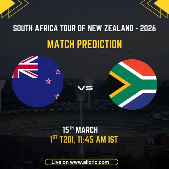 Match prediction graphic for NZ vs SA 1st T20I on 15 March 2026 at 11:45 AM IST, showing New Zealand and South Africa national flags facing off under the header "South Africa Tour of New Zealand 2026