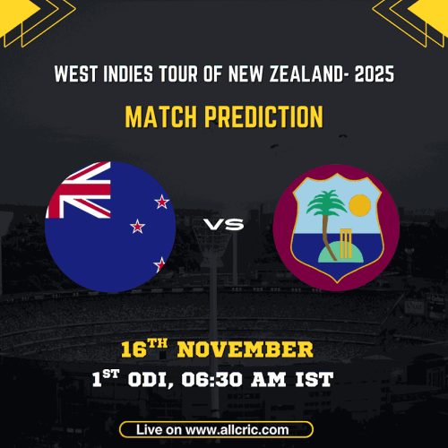NZ vs WI 1st ODI 2025 match promo showing New Zealand vs West Indies at Hagley Oval, match date 16 November, 6:30 AM IST. Graphic includes team colors, stadium background, and AllCric branding for NZ vs WI today match prediction and Dream11 insights.