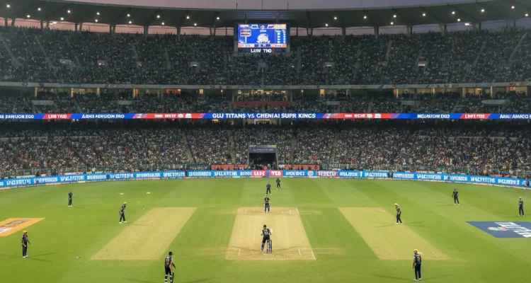 Narendra Modi Stadium Ahmedabad evening match view showing world's largest cricket stadium with packed crowd, illuminated floodlights, cricket pitch in center with players positioned for IPL match between Gujarat Titans and Chennai Super Kings, featuring detailed pitch report analysis for batting and bowling conditions