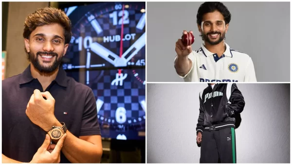 Nitish Kumar Reddy brand endorsements collage featuring Hublot, Puma and cricket-related promotional appearances.