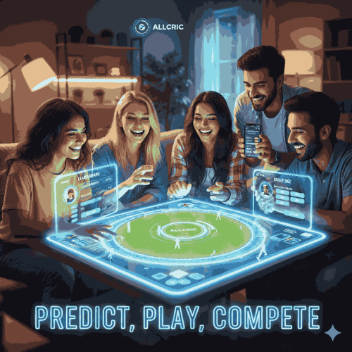 A group of friends excitedly playing an online cricket prediction game on the AllCric app, using futuristic digital screens to predict match results, compare scores, and compete on the leaderboard — showcasing the fun and social side of predicting cricket matches online.