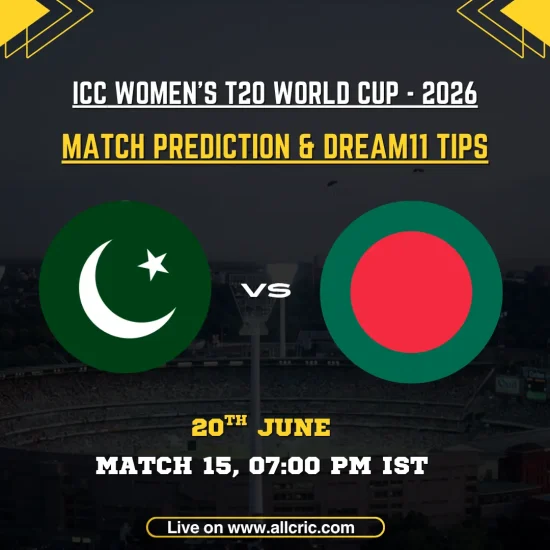 PAK-W vs BAN-W Dream11 prediction today match graphic for ICC Women’s T20 World Cup 2026 Match 15. Pakistan Women face Bangladesh Women on June 20 at 7:00 PM IST at The Rose Bowl, Southampton, featuring match prediction, Dream11 tips, fantasy picks, and probable XIs.