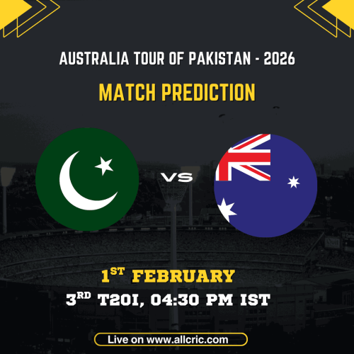 Pakistan vs Australia 3rd T20I match prediction graphic featuring national flags, match details for February 1st 2026 at 4:30 PM IST at Gaddafi Stadium Lahore, with Dream11 team analysis and today's match prediction
