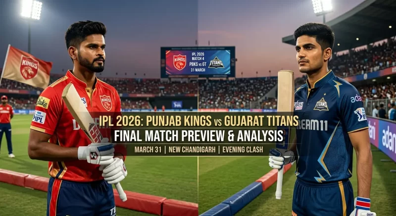 IPL 2026 Match 4 preview graphic titled "Punjab Kings vs Gujarat Titans — Final Match Preview & Analysis, March 31 | New Chandigarh | Evening Clash." Split-screen shows a batter representing Shreyas Iyer in a Punjab Kings red jersey holding a bat on the left, and a batter representing Shubman Gill in a Gujarat Titans navy jersey holding a bat on the right. The stadium scoreboard between them displays "IPL 2026 Match 4 — PBKS vs GT — 31 March" with both team logos.