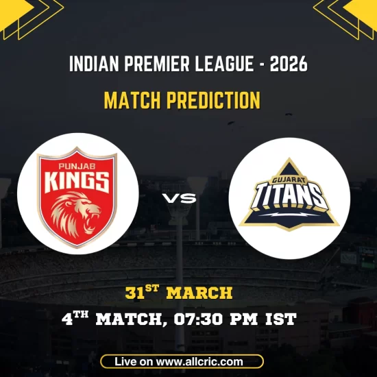 IPL 2026 match prediction card for Punjab Kings vs Gujarat Titans, 4th Match. The Punjab Kings red lion shield logo and Gujarat Titans navy triangle crest are displayed in circular frames on either side of a "VS" marker against a dark stadium backdrop. Match details read: 4th Match, 31st March, 07:30 PM IST. Website URL allcric.com shown at the bottom.