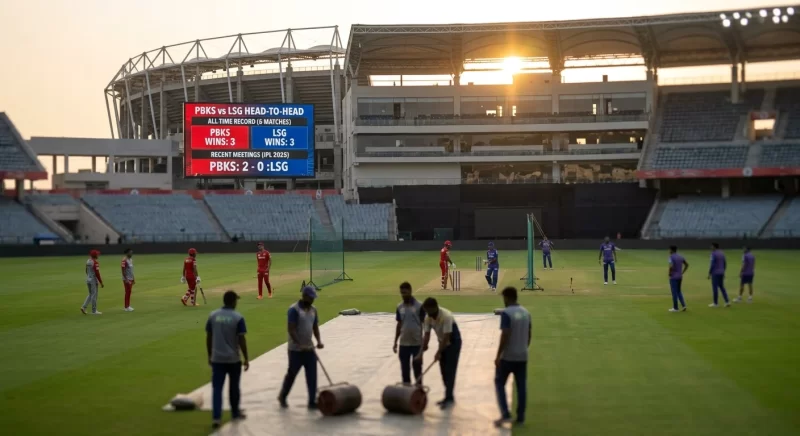 PBKS vs LSG head-to-head stats display at New Chandigarh Stadium – Punjab Kings and Lucknow Super Giants players training before IPL 2026 match
