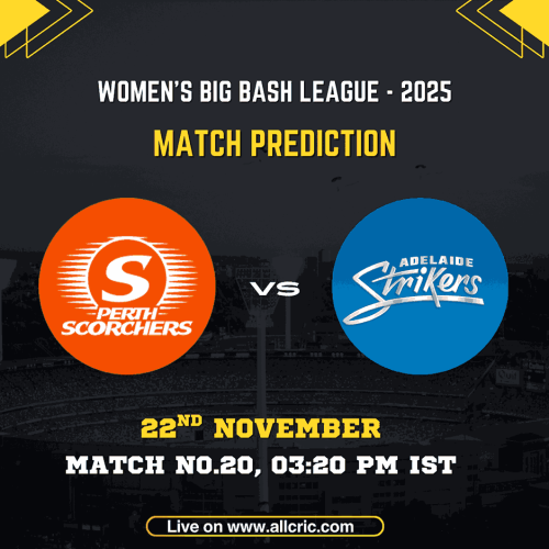 PS-W vs AS-W match prediction graphic for Women’s Big Bash League 2025 featuring Perth Scorchers Women and Adelaide Strikers Women logos, match date 22nd November, Match No.20, 03:20 PM IST, with branding from AllCric. Ideal for ps w vs as w dream11 prediction, ps w vs as w today match prediction, and ps w vs as w win prediction content