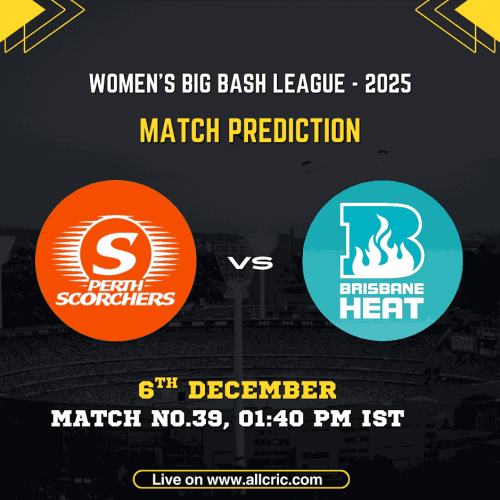 PS-W vs BH-W Match Prediction graphic for WBBL 2025 featuring Perth Scorchers Women and Brisbane Heat Women with team logos, match date 6th December, timing 01:40 PM IST, and AllCric branding — perfect for ps w vs bh w dream11 prediction, ps w vs bh w prediction, ps w vs bh w today match prediction, and win prediction insights