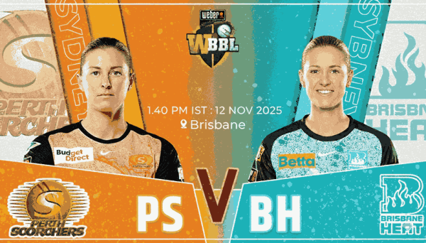 Perth Scorchers Women vs Brisbane Heat Women WBBL 2025 match poster showing both team captains, match timing (1:40 PM IST, 12 November 2025), and venue Brisbane. Ideal for ps w vs bh w dream11 prediction, ps w vs bh w today match prediction, and fantasy cricket insights.