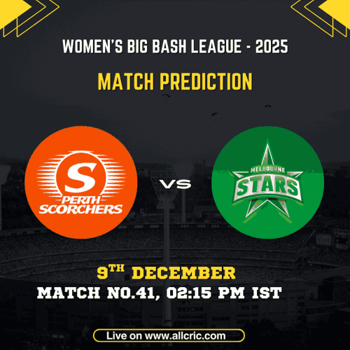 PS-W vs MS-W Match Prediction 2025 graphic showing Perth Scorchers Women vs Melbourne Stars Women for WBBL Match 41 on 9th December at 02:15 PM IST, used for ps w vs ms w dream11 prediction, ps w vs ms w today match prediction, ps w vs ms w match prediction, and ps w vs ms w win prediction.