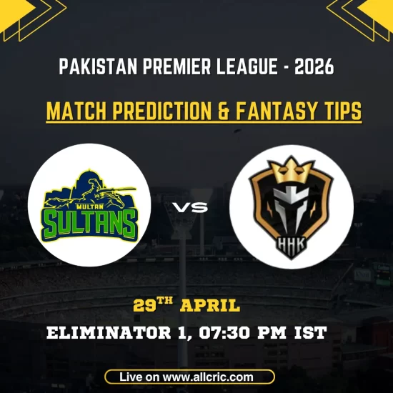 MUL vs HYK match prediction PSL 2026 Eliminator 1 – Multan Sultans vs Hyderabad Kingsmen fantasy and Dream11 prediction poster, April 29, 7:30 PM IST at Gaddafi Stadium Lahore