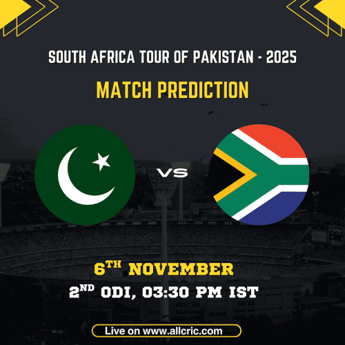 Pakistan vs South Africa 2nd ODI 2025 match poster featuring both team flags with match date, time, and venue details from the South Africa tour of Pakistan. The image highlights SA vs PAK today match prediction, SA vs PAK match prediction, and SA vs PAK ODI prediction insights for cricket and fantasy fans.