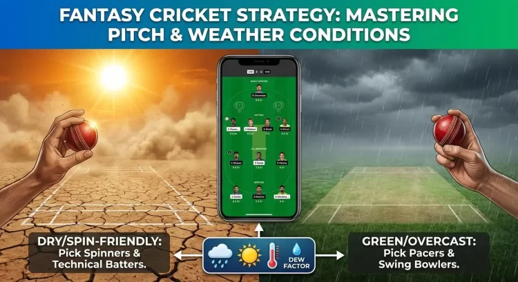 Fantasy cricket pitch and weather analysis infographic showing impact of different pitch conditions on player performance, featuring cricket field diagrams, weather symbols, and strategic tips for team selection based on batting-friendly, seaming, and spin-friendly surfaces