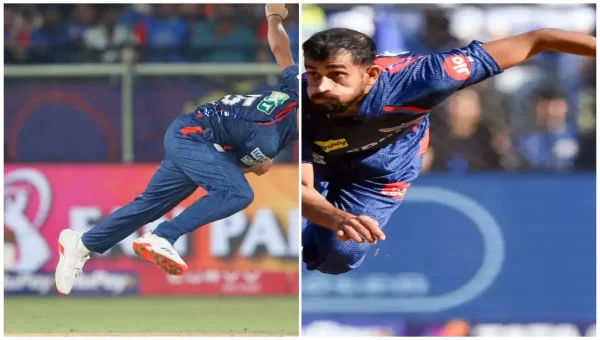 Prince Yadav bowling at pace for Lucknow Super Giants, showcasing his right-arm fast bowling and yorker-focused style.
