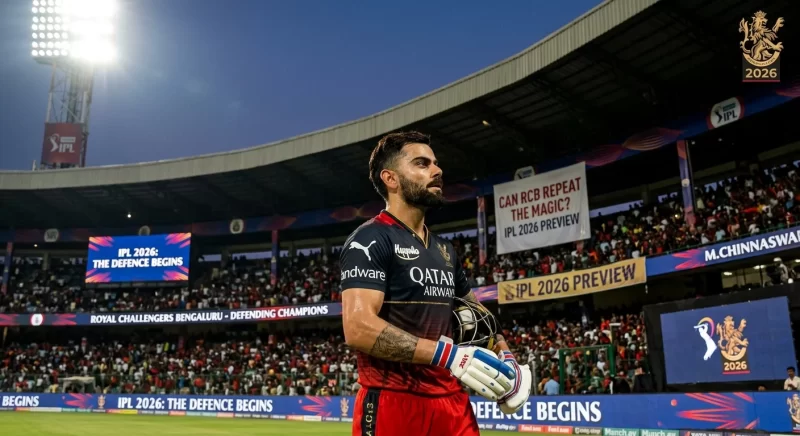 Virat Kohli at M Chinnaswamy Stadium during IPL 2026 preview, representing RCB as defending champions with crowd and banners highlighting title defense storyline.