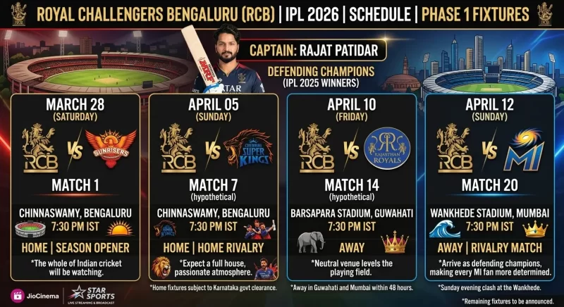 Royal Challengers Bengaluru IPL 2026 Phase 1 schedule graphic featuring captain Rajat Patidar with a bat, showing four confirmed fixtures: Match 1 vs SRH on March 28 (Chinnaswamy — Home/Season Opener), Match 7 vs CSK on April 5 (Chinnaswamy — Home Rivalry), Match 14 vs RR on April 10 (Barsapara Guwahati — Away), and Match 20 vs MI on April 12 (Wankhede Mumbai — Away Rivalry), with JioCinema and Star Sports broadcast logos.