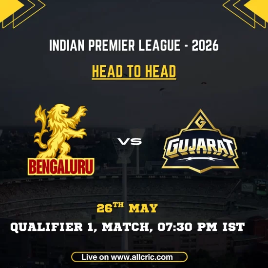 RCB vs GT head to head today IPL 2026 Qualifier 1 poster featuring Royal Challengers Bengaluru vs Gujarat Titans on May 26 at 7:30 PM IST.