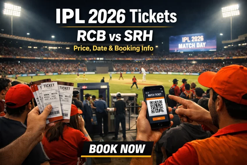IPL 2026 tickets image showing RCB vs SRH match with fans holding tickets and mobile booking screen inside a packed stadium under lights