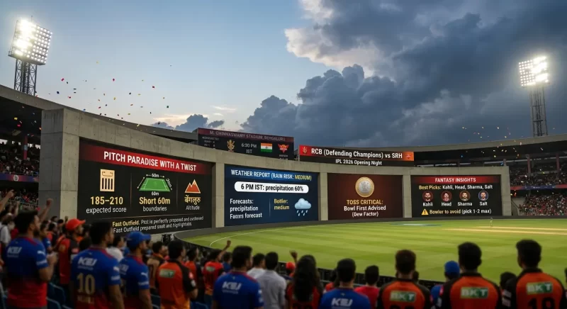 M. Chinnaswamy Stadium scoreboard display on IPL 2026 opening night showing a comprehensive pitch and match report for RCB vs SRH. Panels on the large screen show: expected score of 185–210 with short 60m boundaries and Bengaluru altitude highlighted under "Pitch Paradise With a Twist"; a weather report showing 60% precipitation risk at 6 PM IST with medium rain forecast; a toss advisory recommending bowl first due to dew factor; and fantasy insights listing best picks as Kohli, Head, Sharma, and Salt with a warning to limit bowler selections to one or two maximum. RCB and SRH team logos are visible on the scoreboard header reading "RCB (Defending Champions) vs SRH — IPL 2026 Opening Night." RCB and SRH fans fill the foreground stands under a dramatic cloudy evening sky.