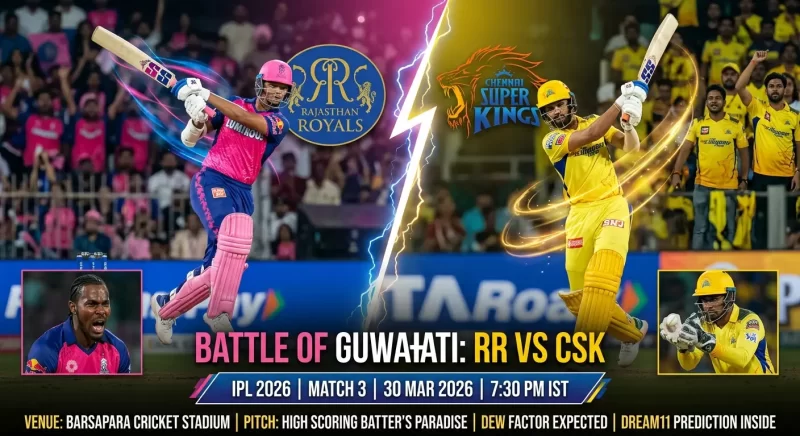 IPL 2026 Match 3 Dream11 prediction graphic titled "Battle of Guwahati: RR vs CSK" featuring split-screen action at Barsapara Cricket Stadium. Left side shows a batter representing Vaibhav Suryavanshi in a Rajasthan Royals pink jersey playing an aggressive shot, with the Rajasthan Royals crest above and an inset image of a bowler representing Jofra Archer celebrating a wicket. Right side shows a batter representing Ruturaj Gaikwad in a Chennai Super Kings yellow jersey with arms raised, with the Chennai Super Kings lion crest above and an inset image of a wicketkeeper representing Sanju Samson. A lightning bolt divides both sides at centre. The bottom ticker reads: "Venue: Barsapara Cricket Stadium | Pitch: High Scoring Batter's Paradise | Dew Factor Expected | Dream11 Prediction Inside." Match details show: IPL 2026 | Match 3 | 30 Mar 2026 | 7:30 PM IST.