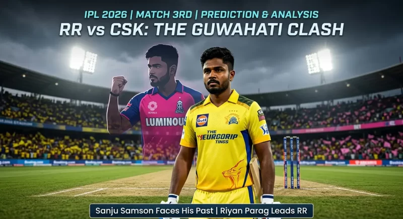 IPL 2026 Match 3 prediction and analysis graphic titled "RR vs CSK: The Guwahati Clash" at Barsapara Cricket Stadium. A player representing Sanju Samson in a Chennai Super Kings yellow jersey stands in the foreground holding a bat, while a player representing Riyan Parag in a Rajasthan Royals pink jersey celebrates with a raised fist in the background. A packed stadium with yellow and pink fan sections is visible under floodlights. A caption bar at the bottom reads: "Sanju Samson Faces His Past | Riyan Parag Leads RR.