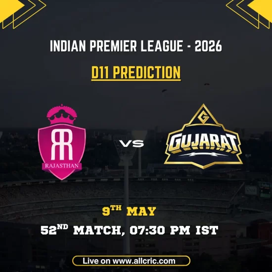 RR vs GT Dream11 prediction today match IPL 2026 poster featuring Rajasthan Royals vs Gujarat Titans, D11 prediction, 52nd match on 9th May at 7:30 PM IST with team logos and match details.