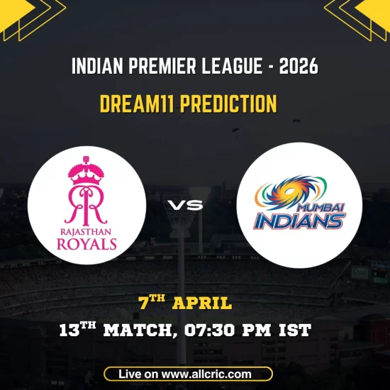 RR vs MI Dream11 prediction today match graphic for IPL 2026 showing Rajasthan Royals vs Mumbai Indians on April 13 with match details, highlighting best fantasy picks and RR vs MI Dream11 team today insights.