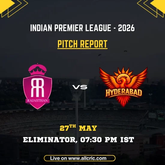 RR vs SRH pitch report today IPL 2026 Eliminator poster featuring Rajasthan Royals vs Sunrisers Hyderabad at Maharaja Yadavindra Singh Stadium, Mullanpur on May 27 at 7:30 PM IST.