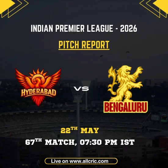 SRH vs RCB pitch report today IPL 2026 poster featuring Sunrisers Hyderabad vs Royal Challengers Bengaluru, 67th match at Rajiv Gandhi International Stadium on May 22 at 7:30 PM IST.
