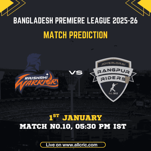 Rajshahi Warriors vs Rangpur Riders match prediction graphic for BPL 2025-26 Match 10 at Sylhet International Cricket Stadium, featuring RGR vs RJW match prediction, RGR vs RJW prediction, and Dream11 team today