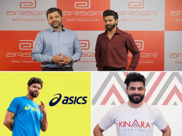 Ravindra Jadeja brand endorsements collage featuring campaigns associated with Ariser, ASICS and Kinara Capital.