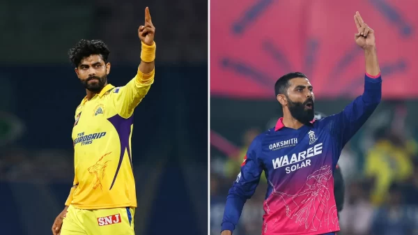 Ravindra Jadeja IPL salary article graphic contrasting his Chennai Super Kings and Rajasthan Royals playing kits.