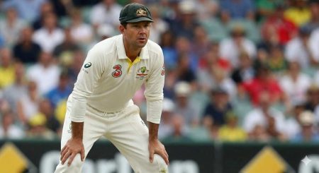 Former Australian captain Ricky Ponting fielding, ranked 3rd all-time for the Highest Centuries in Test Cricket. Known for his dominance, Ponting scored 41 centuries, cementing his legacy as one of the batters with the most hundreds in test matches.